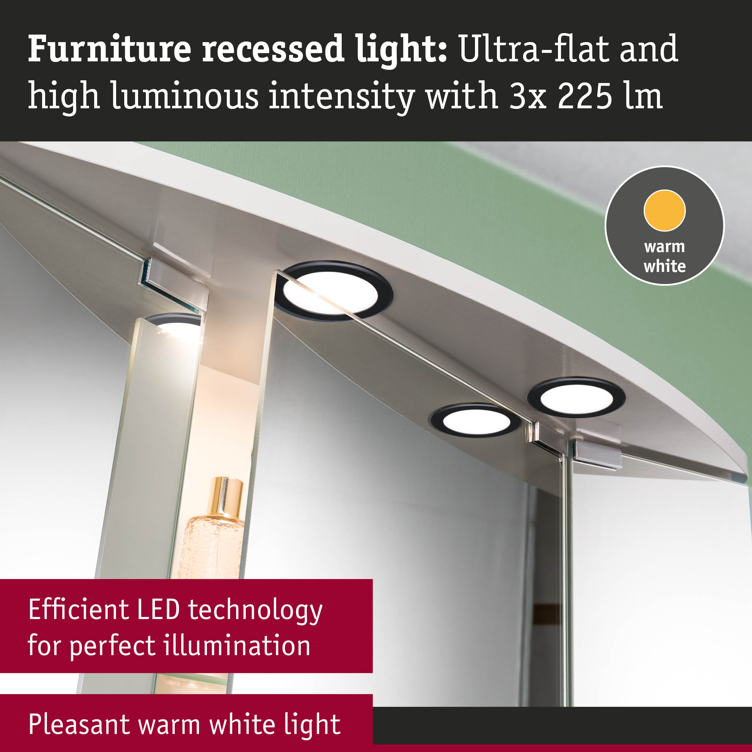 Ultra-flat furniture recessed LED light with warm white illumination for bathroom mirror lighting