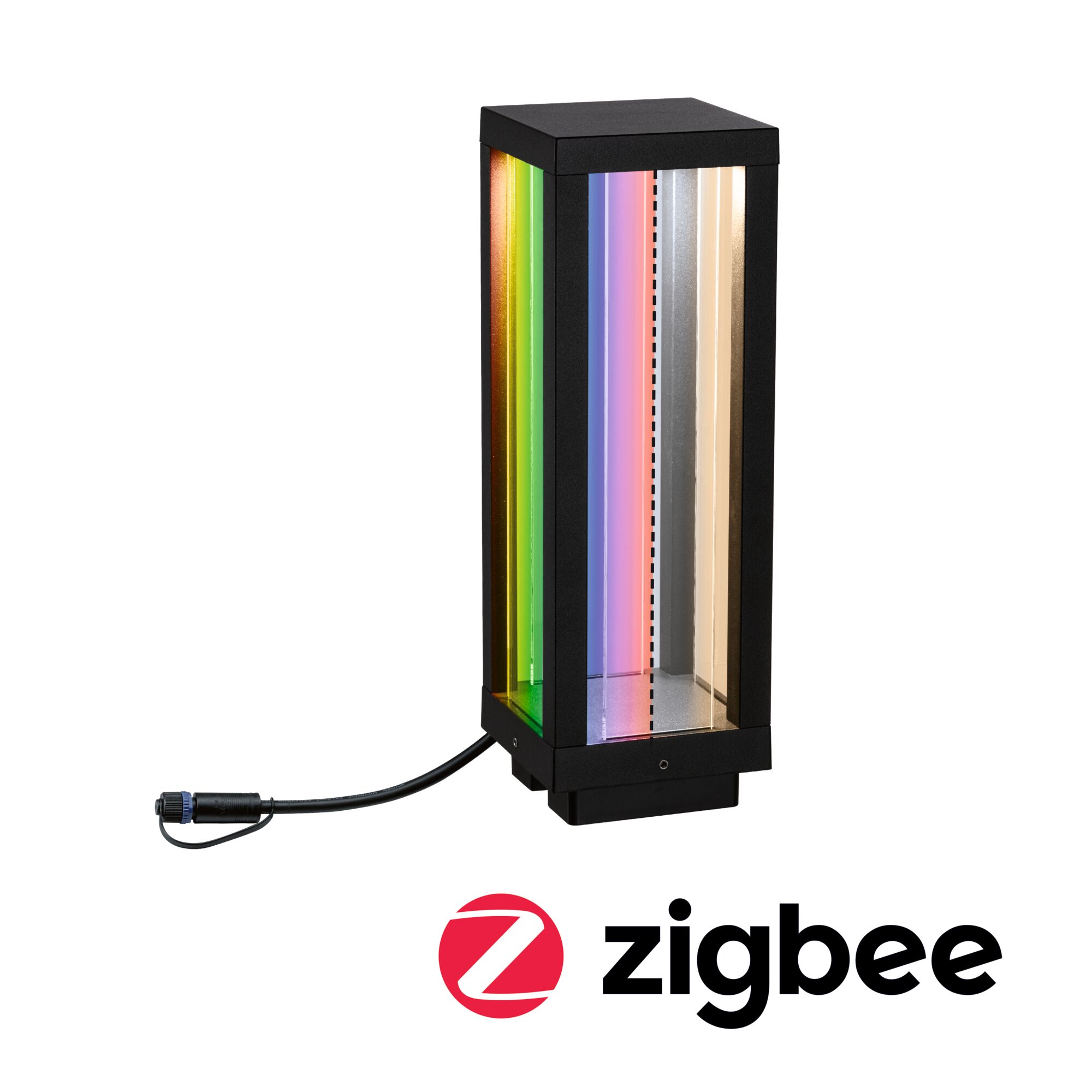 Schwarze LED-Außenleuchte mit mehrfarbigen Glasflächen und Zigbee-Funktion für smarte Gartenbeleuchtung