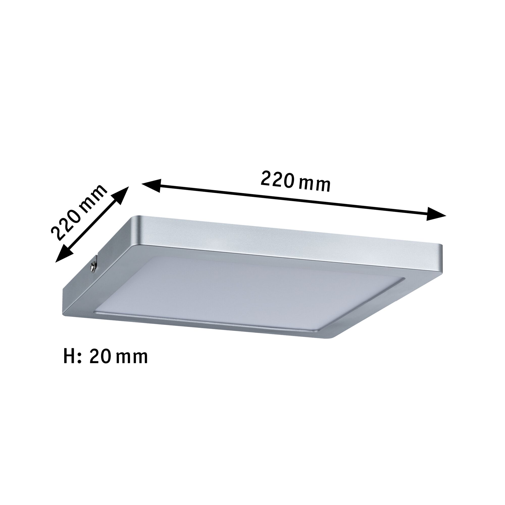 Vierkante LED-plafondlamp van zilverkleurig aluminium, 220x220 mm en 20 mm hoog voor moderne verlichting