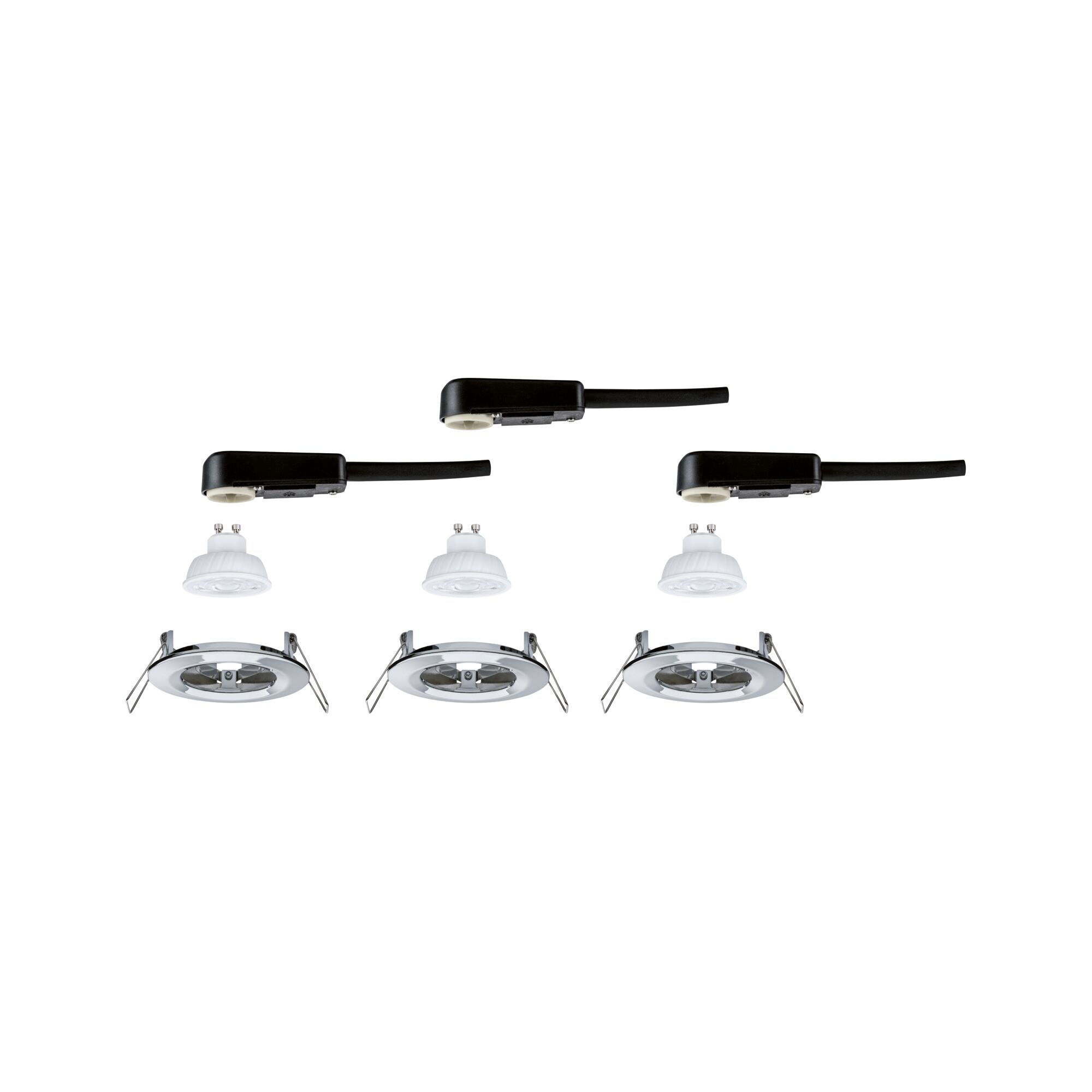 Drei weiße GU10 LED-Leuchtmittel mit silbernen Einbaurahmen und schwarzen Anschlusskabeln für Deckenbeleuchtung