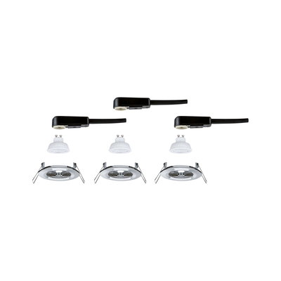 Drei weiße GU10 LED-Leuchtmittel mit silbernen Einbaurahmen und schwarzen Anschlusskabeln für Deckenbeleuchtung