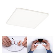 Wit vierkant kunststof LED-plafondpaneel met montage-instructies en aansluitdetails