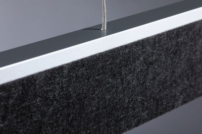 Modern rectangular acoustic absorber with black felt and silver aluminum frame for room acoustics.