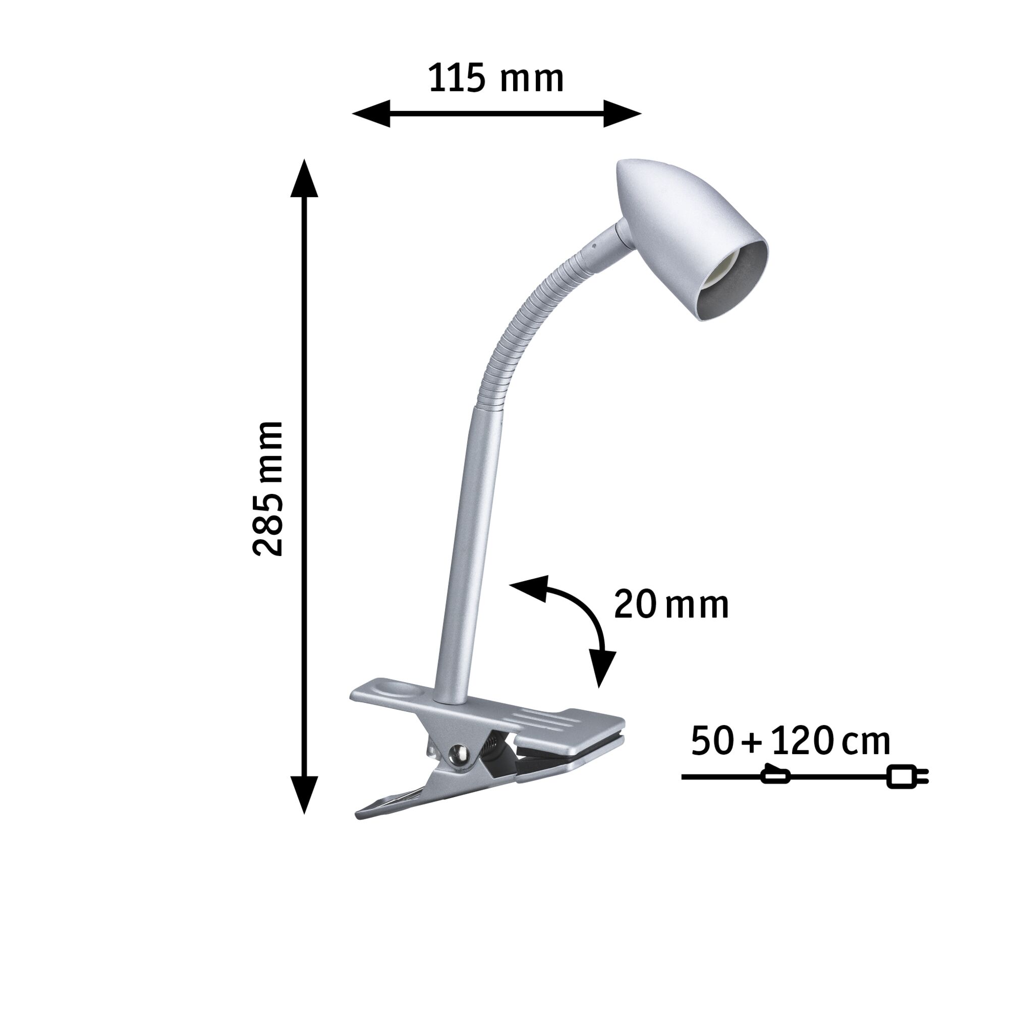 Silver metal clip lamp with flexible neck, 285x115 mm, LED desk light for workspace lighting