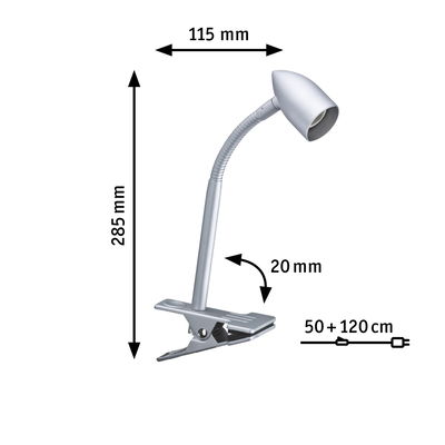 Silver metal clip lamp with flexible neck, 285x115 mm, LED desk light for workspace lighting