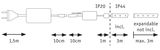Technical drawing of LED strip connector cable showing length details and IP20/IP44 protection ratings.
