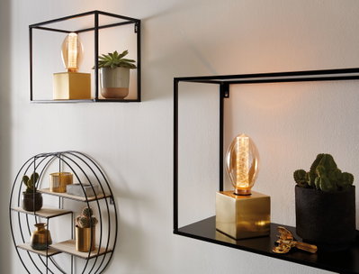 Modern LED filament bulbs with warm light on black metal shelves with plants and decor items.