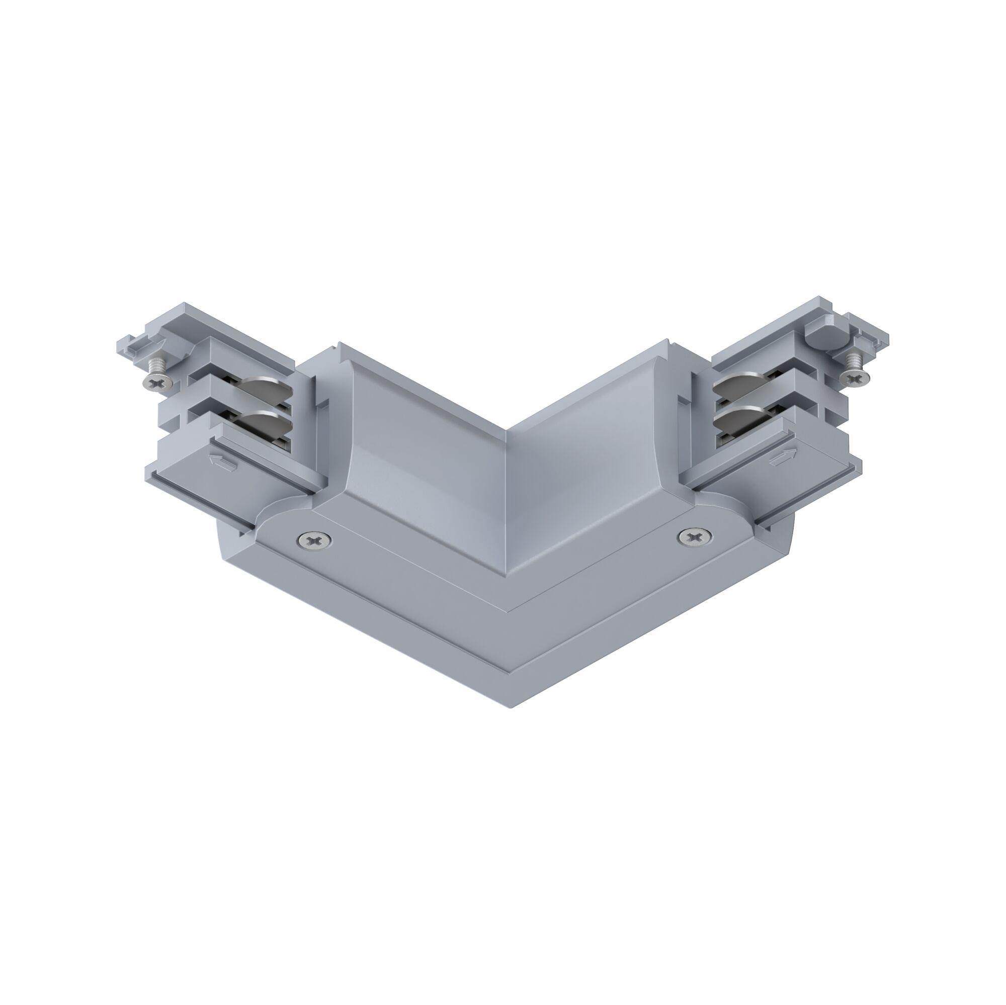 Grey plastic corner connector with screws for track lighting systems, electrical accessory