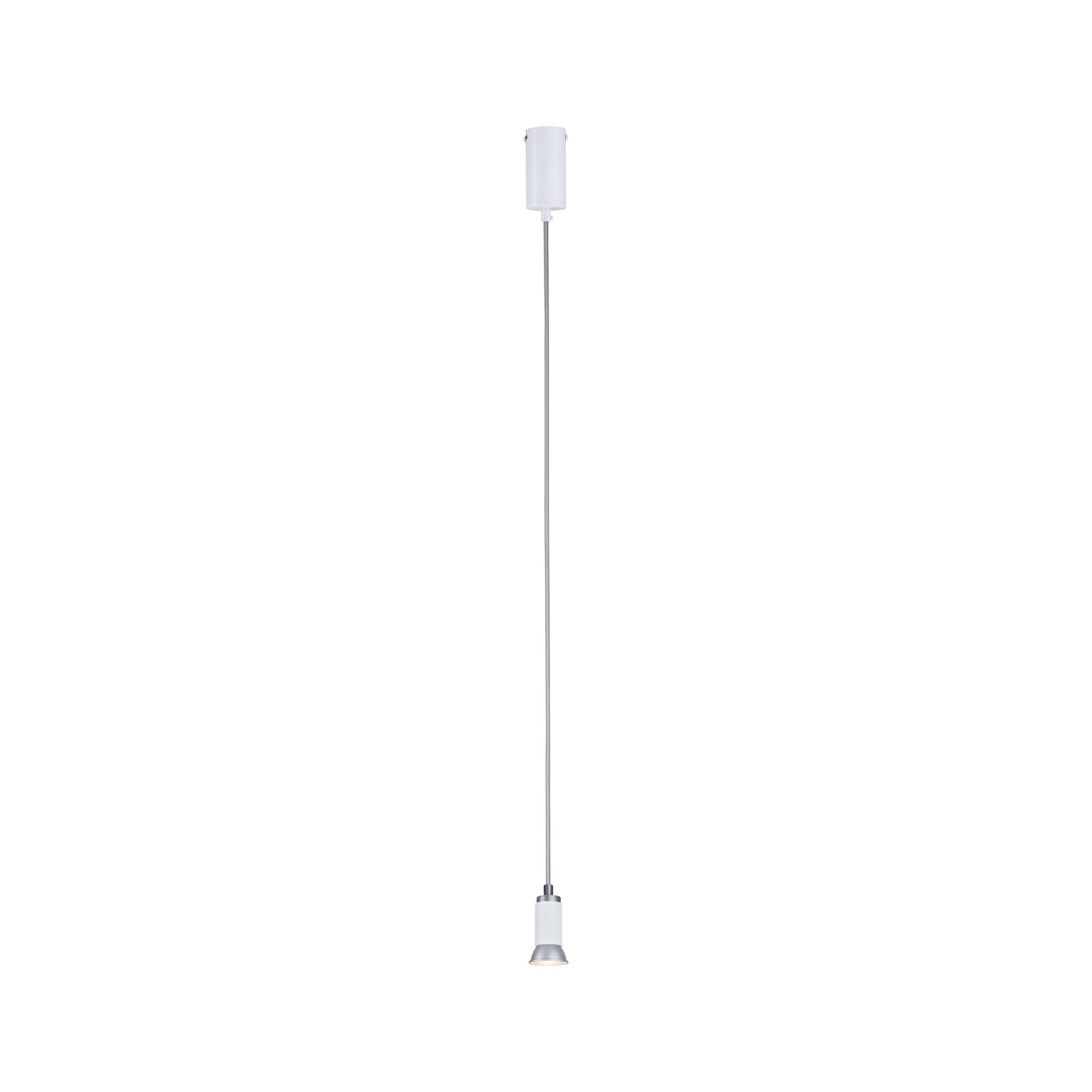 Moderne witte LED-hanglamp met zilveren kabel voor gerichte accentverlichting