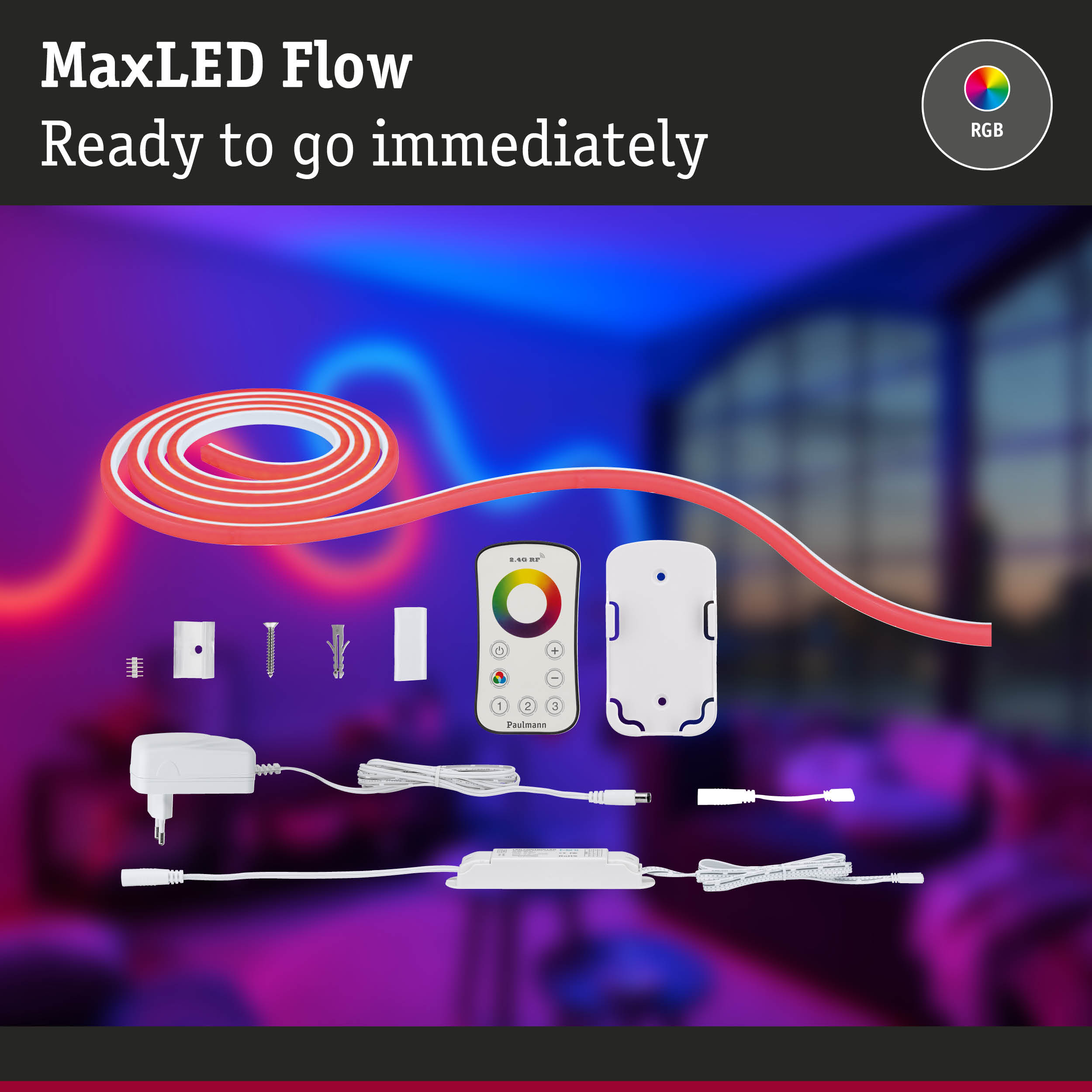 MaxLED Flow RGB LED strip with remote and power supply for flexible colour lighting