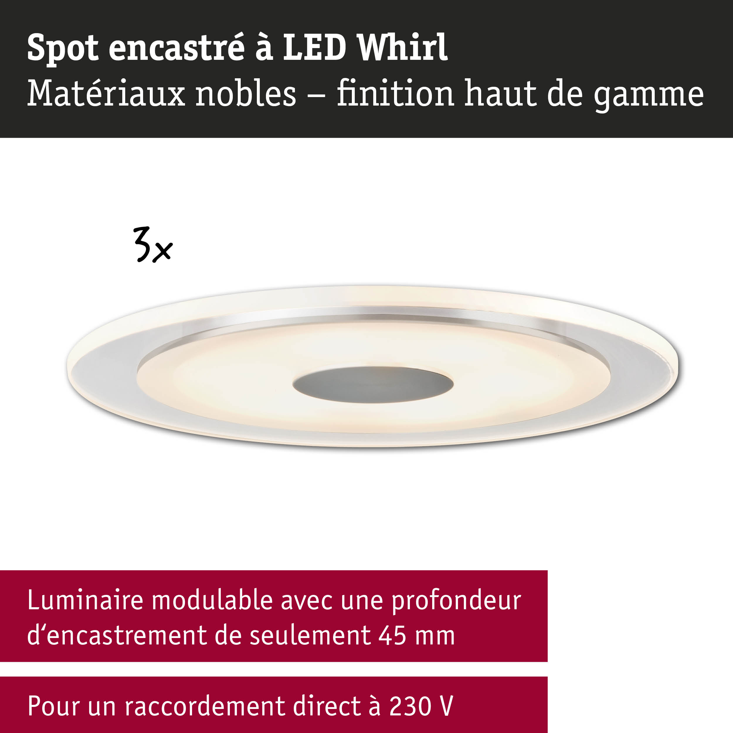 Spot encastré LED Whirl blanc avec matériaux nobles et faible profondeur d'encastrement pour éclairage moderne