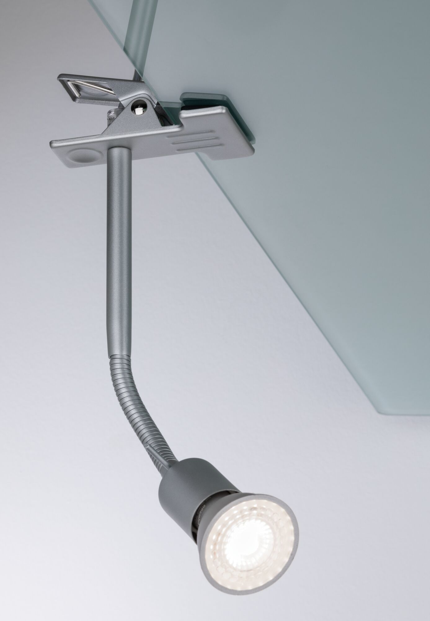 Flexible grey LED spotlight with clamp for glass mounting, modern lighting solution for interiors