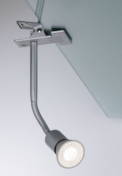 Flexible grey LED spotlight with clamp for glass mounting, modern lighting solution for interiors