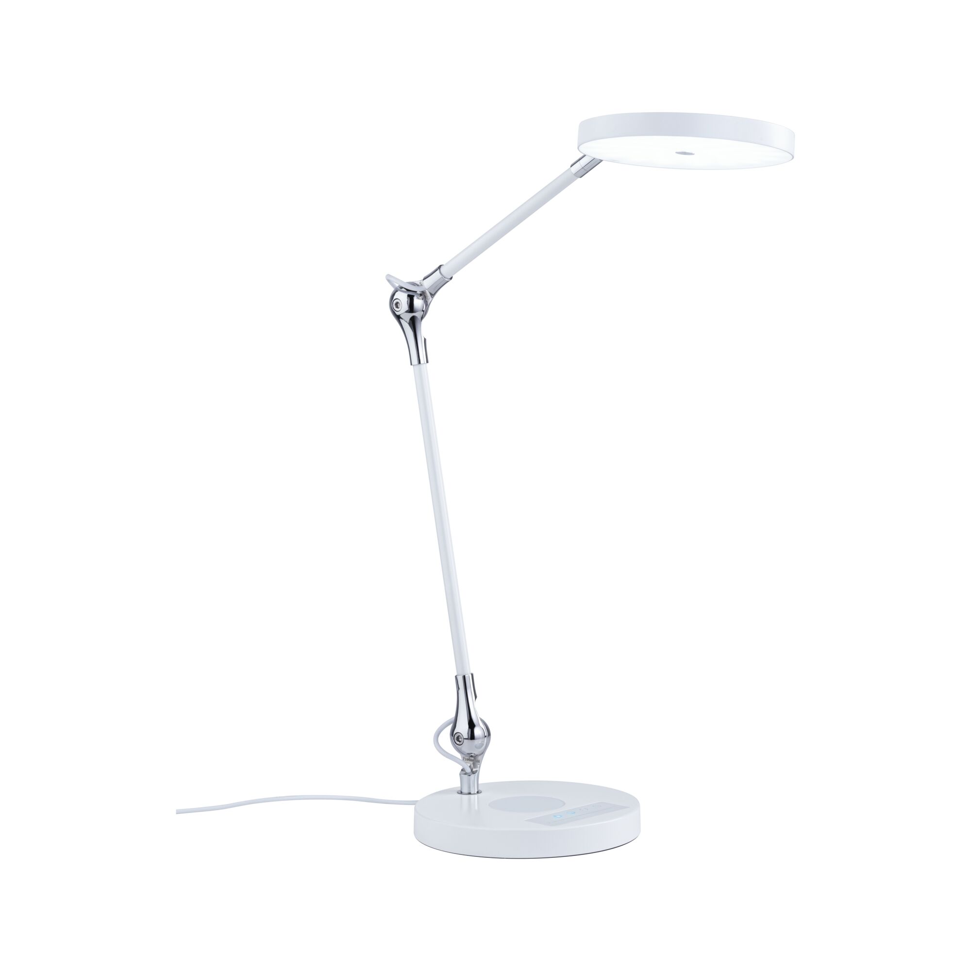 Moderne witte LED-bureaulamp met verstelbare arm en chromen scharnieren voor kantoorverlichting