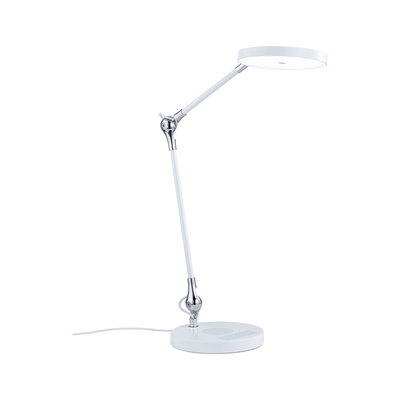 Moderne hvid LED-skrivebordslampe med justerbar arm og kromled til kontorbelysning