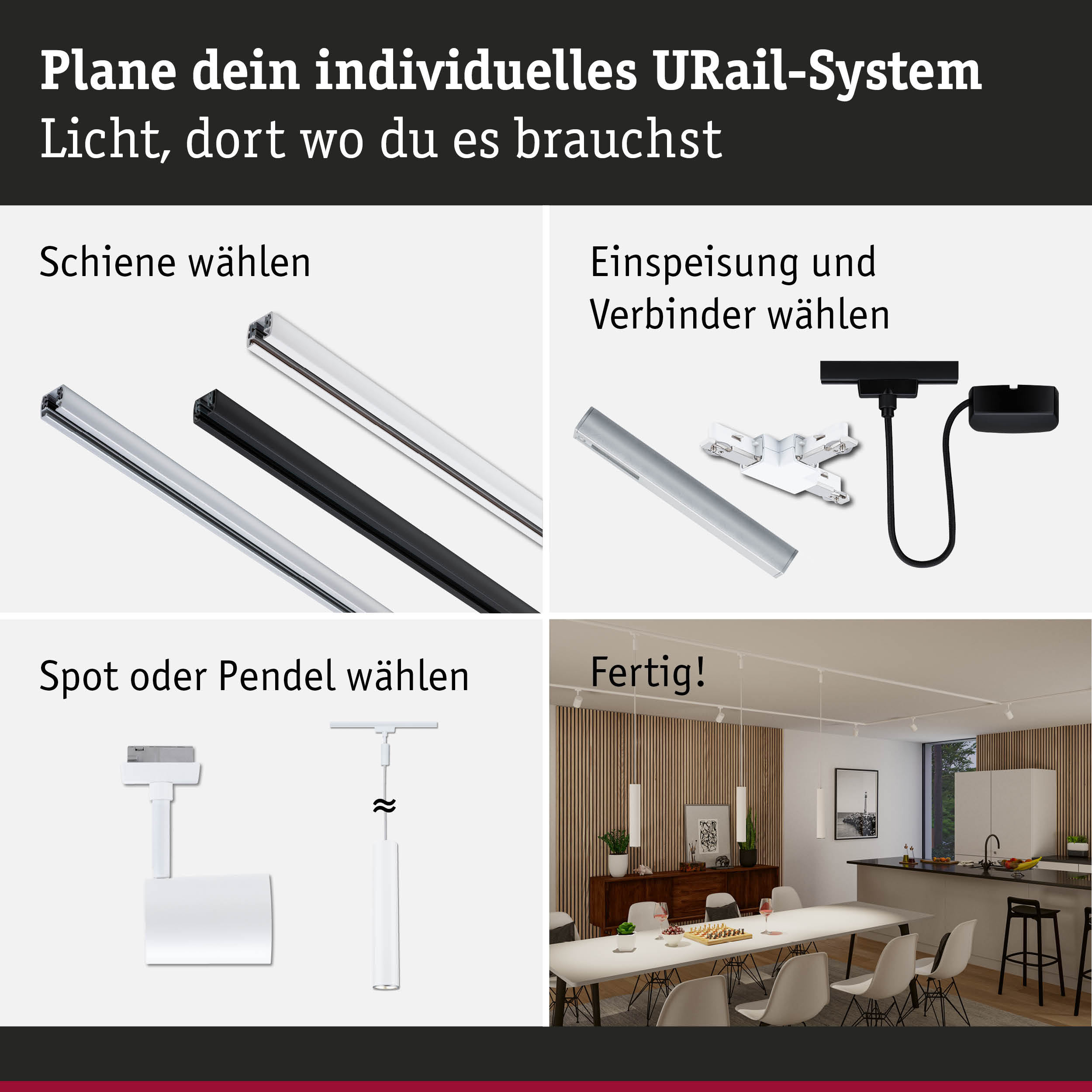 Modulares URail-Schienensystem in Schwarz und Weiß mit Steckverbindern für flexible LED-Beleuchtung.