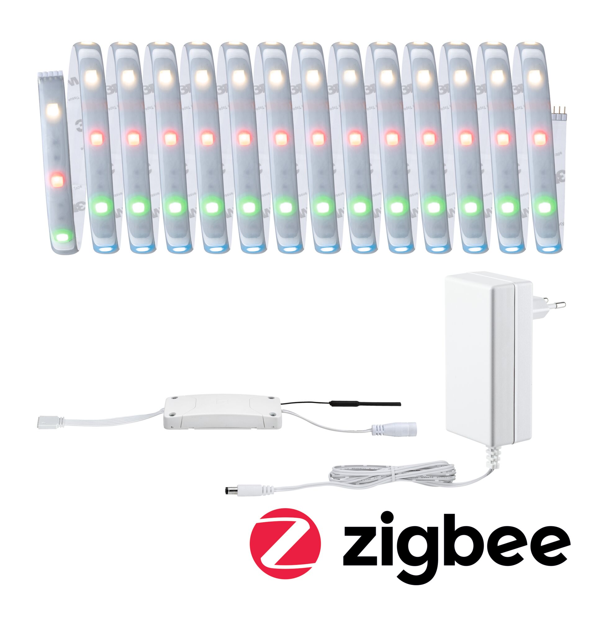 Multicolor LED light strips with controller and power adapter for Zigbee smart home lighting systems