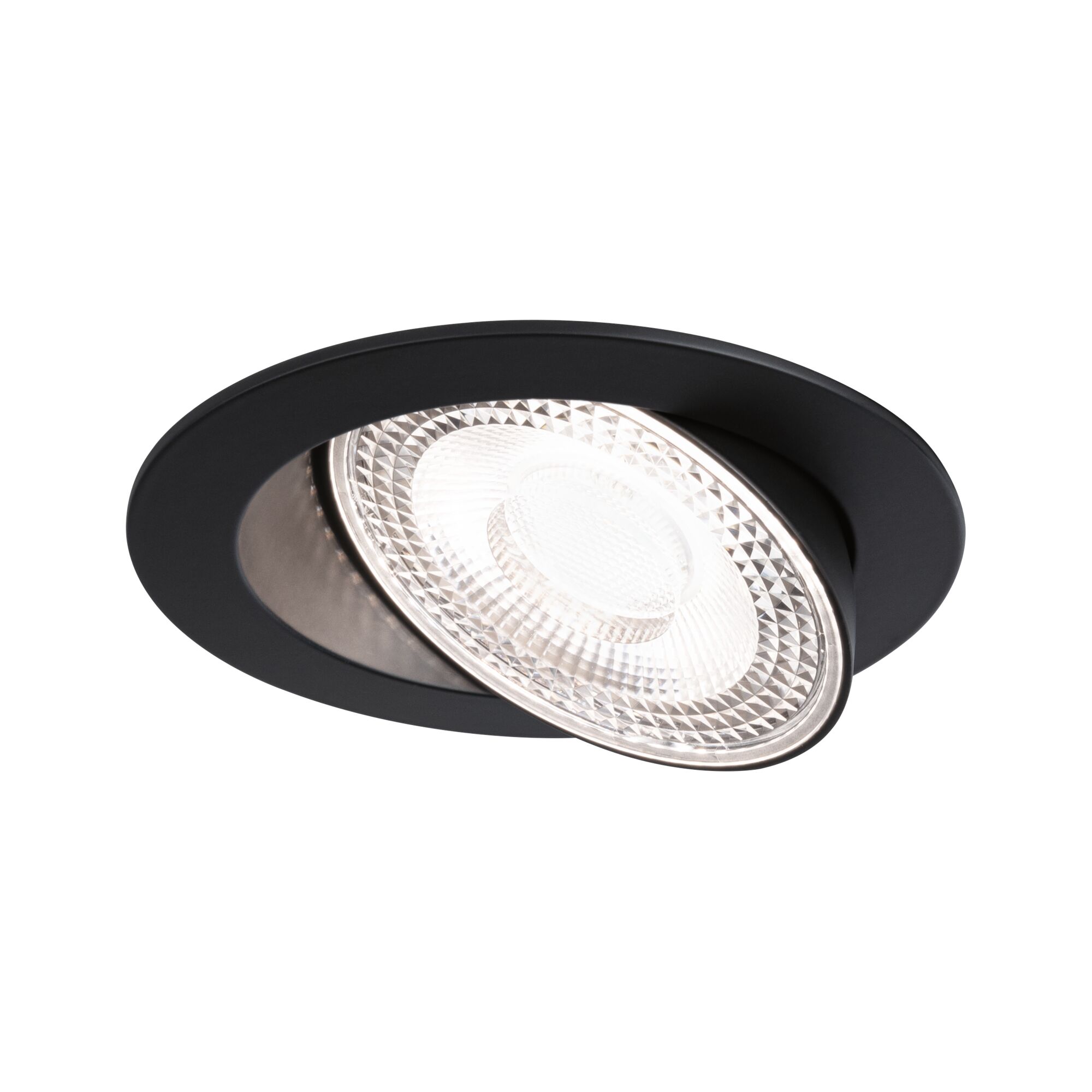 Schwarzer Einbaustrahler mit verstellbarem Reflektor und klarem Glas für moderne LED-Deckenbeleuchtung