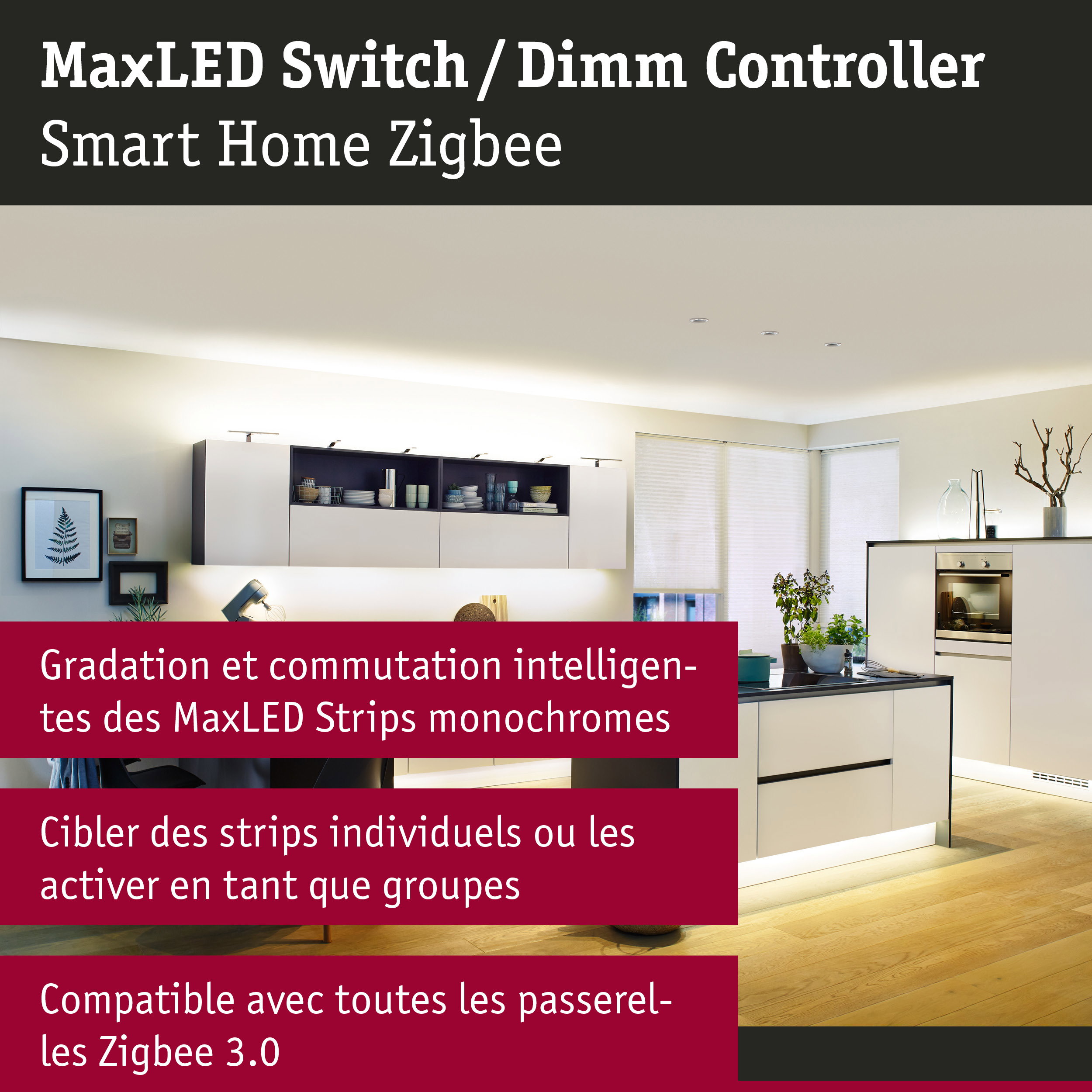 Cuisine blanche moderne avec éclairage LED et contrôle Smart Home Zigbee pour MaxLED Switch Dimm Controller