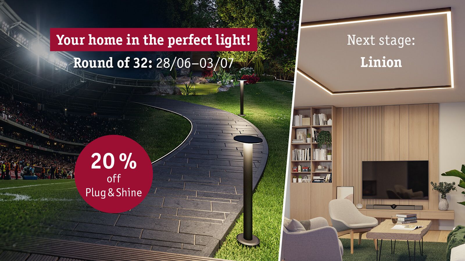 Black Plug & Shine outdoor lights along garden path and modern living room with Linion LED ceiling lighting