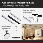Modulair URail railsysteem in zwart en wit met spots en pendelverlichting voor veelzijdige kamerverlichting