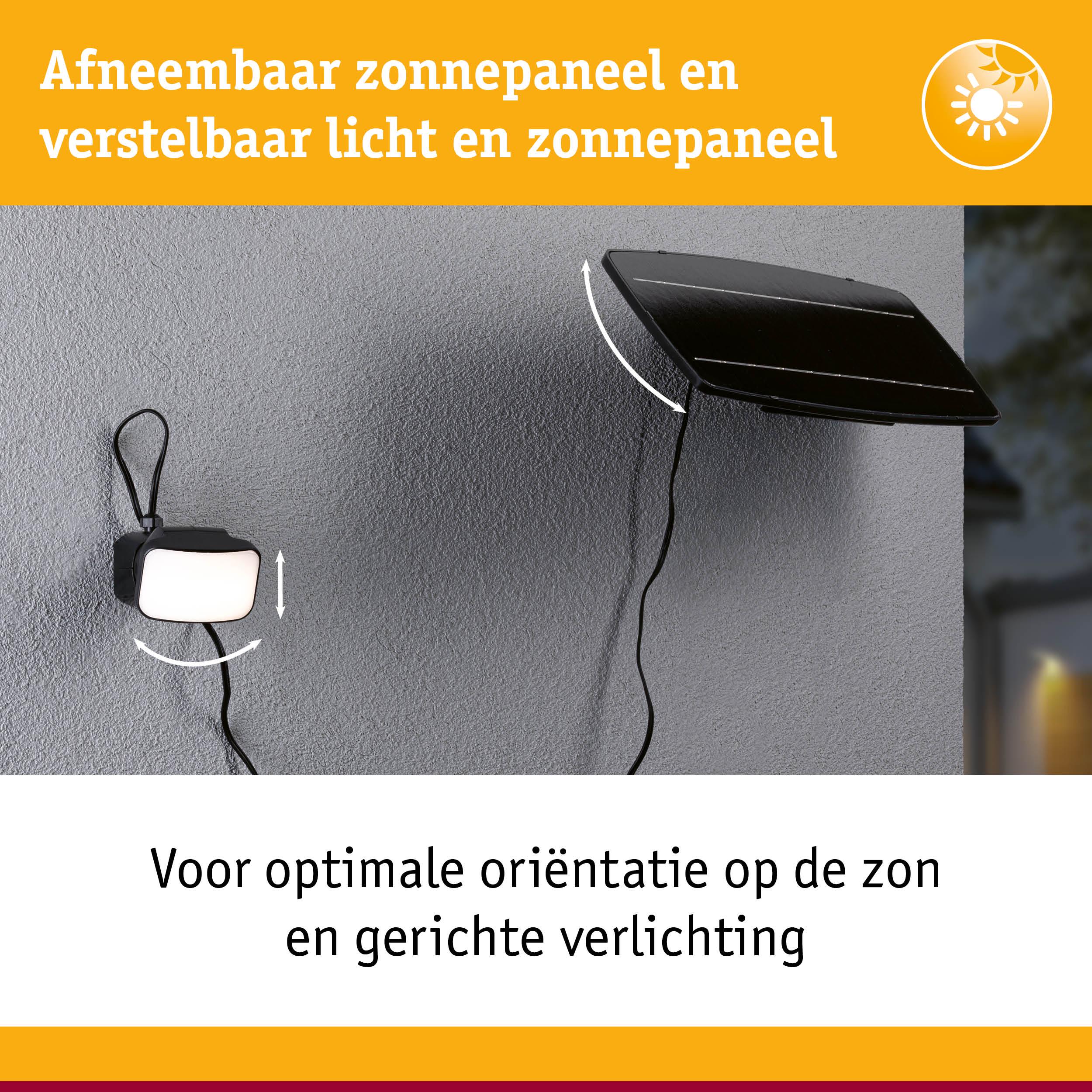 Afneembaar zwart zonnepaneel met verstelbaar licht voor optimale zonoriëntatie en gerichte verlichting