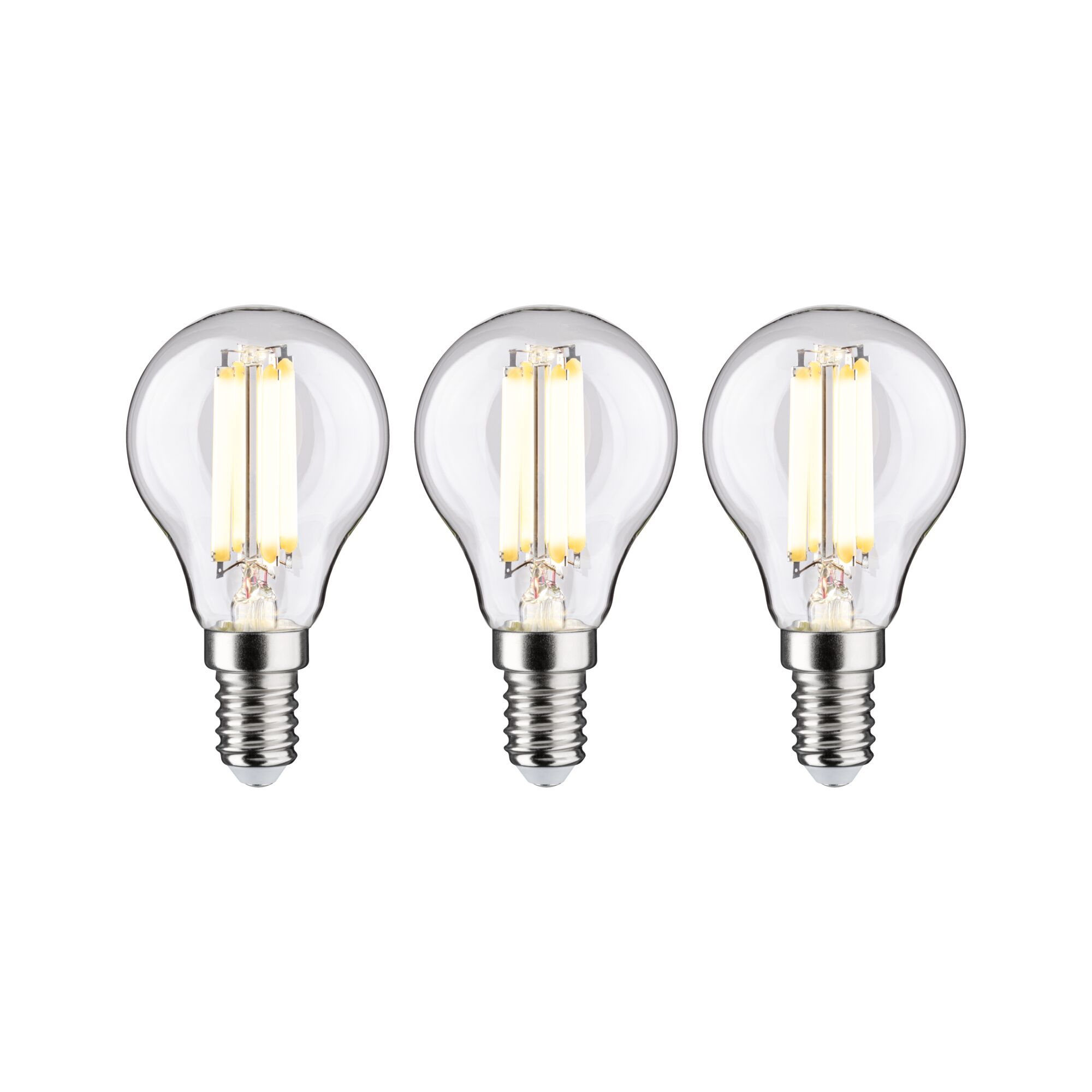 Drei klare LED-Glühbirnen mit E14-Fassung und warmweißem Licht für energiesparende Beleuchtung