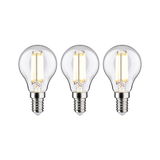 Drei klare LED-Glühbirnen mit E14-Fassung und warmweißem Licht für energiesparende Beleuchtung
