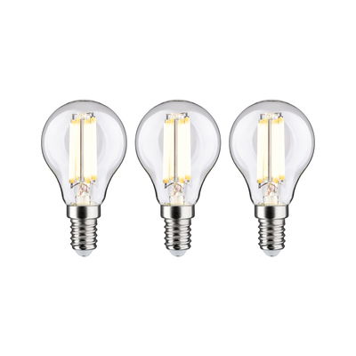 Drei klare LED-Glühbirnen mit E14-Fassung und warmweißem Licht für energiesparende Beleuchtung