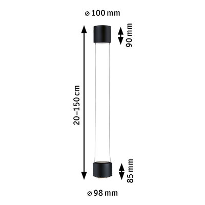 Schwarze LED-Pendelleuchte aus Metall mit verstellbarer Länge 20-150 cm und 98 mm Durchmesser