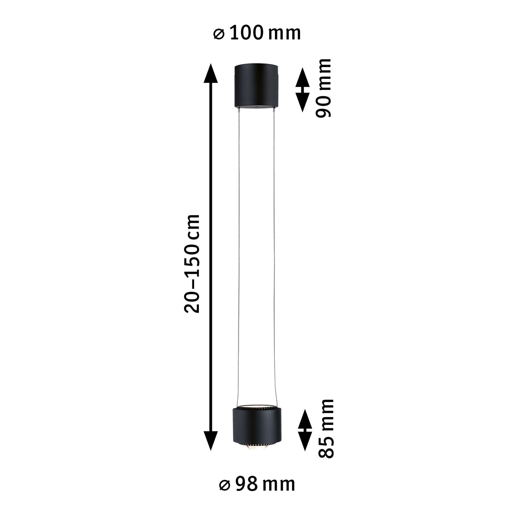 Black metal LED pendant light with adjustable length 20-150 cm and 98 mm diameter for modern lighting