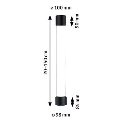 Schwarze LED-Pendelleuchte aus Metall mit verstellbarer Länge 20-150 cm und 98 mm Durchmesser