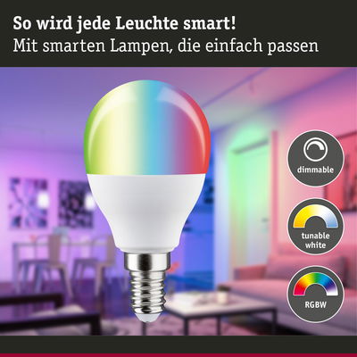 Bunte smarte LED-Lampe mit dimmbarer RGBW-Farbsteuerung und einstellbarem Weißton für Wohnräume