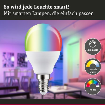 Bunte smarte LED-Lampe mit dimmbarer RGBW-Farbsteuerung und einstellbarem Weißton für Wohnräume