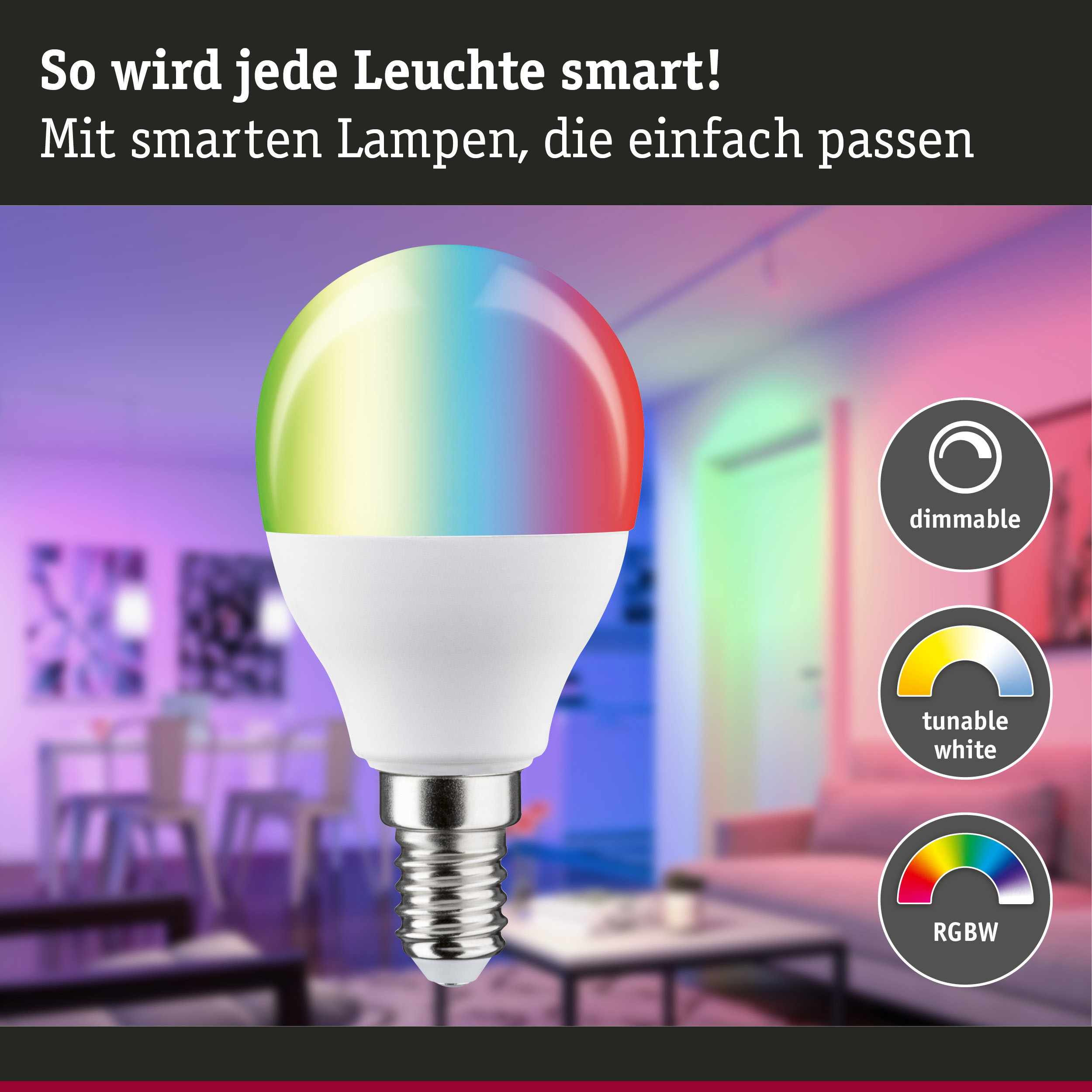 Bunte smarte LED-Lampe mit dimmbarer und einstellbarer Weißlichtfunktion für Wohnraumbeleuchtung