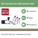 Starter set with black LED outdoor spotlights, cables, and transformer for garden lighting