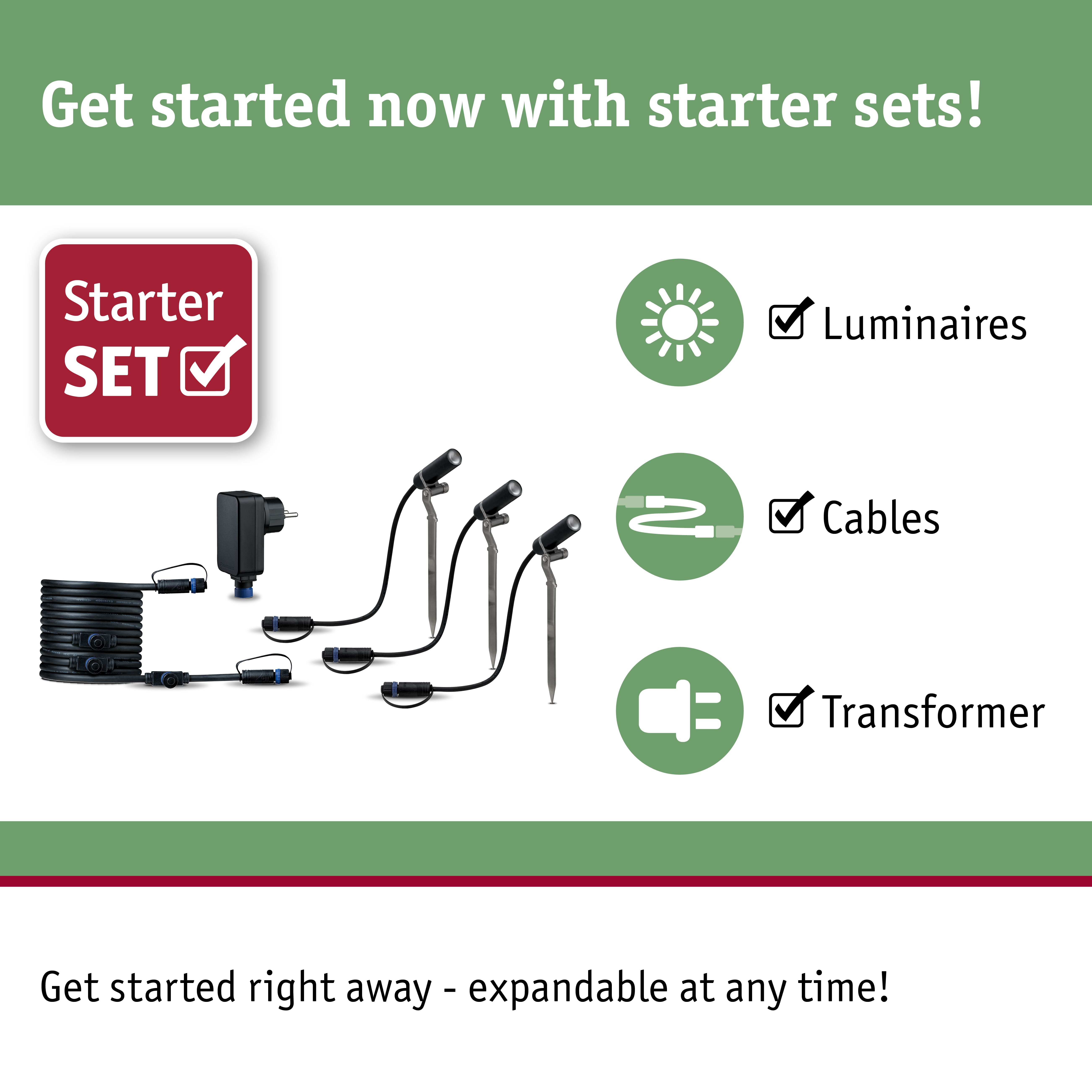 Starter set with black LED outdoor lights, cables, and transformer for garden lighting setup