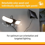 Black solar outdoor light with detachable solar panel and adjustable light panels for garden lighting