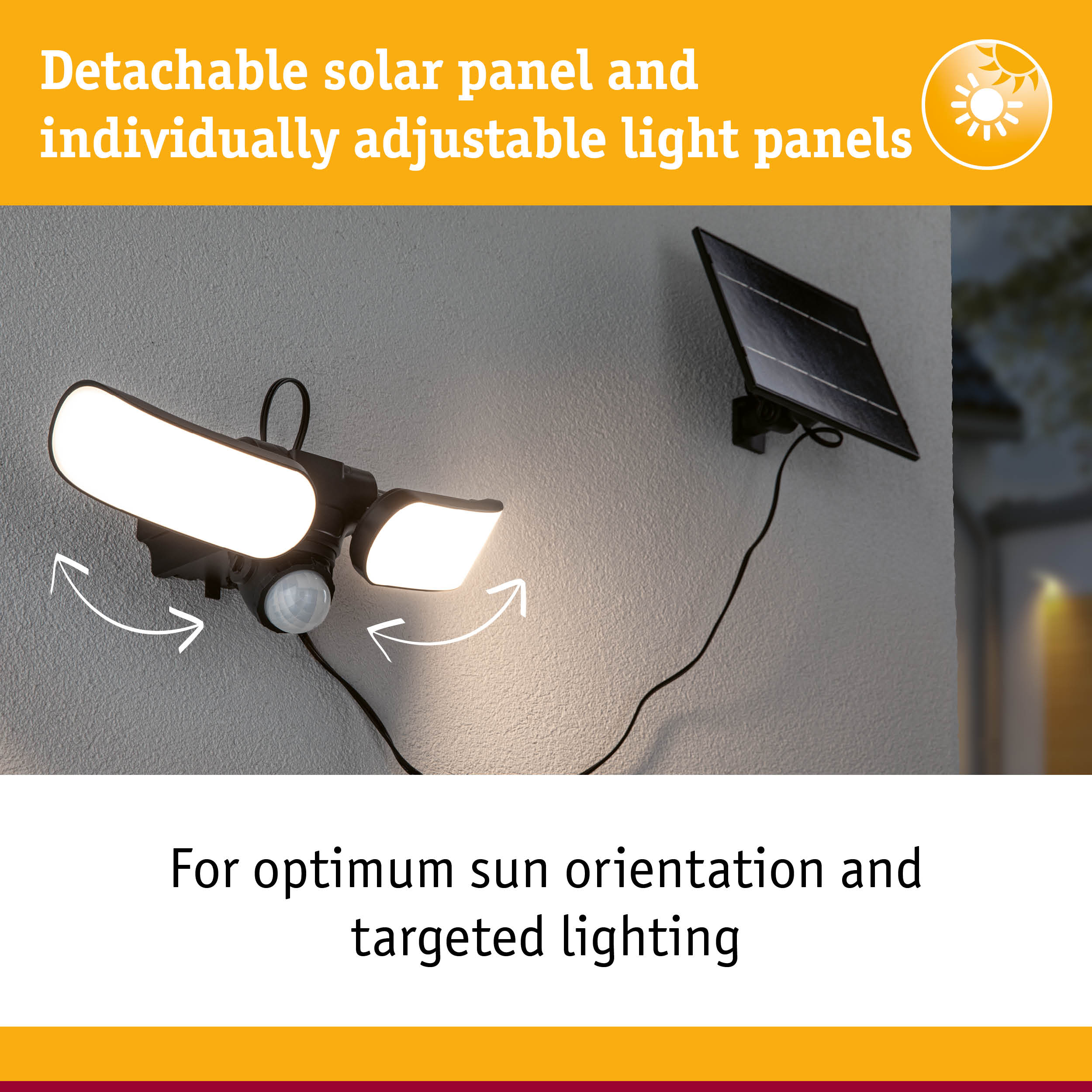 Black solar outdoor light with detachable solar panel and adjustable light panels for garden lighting