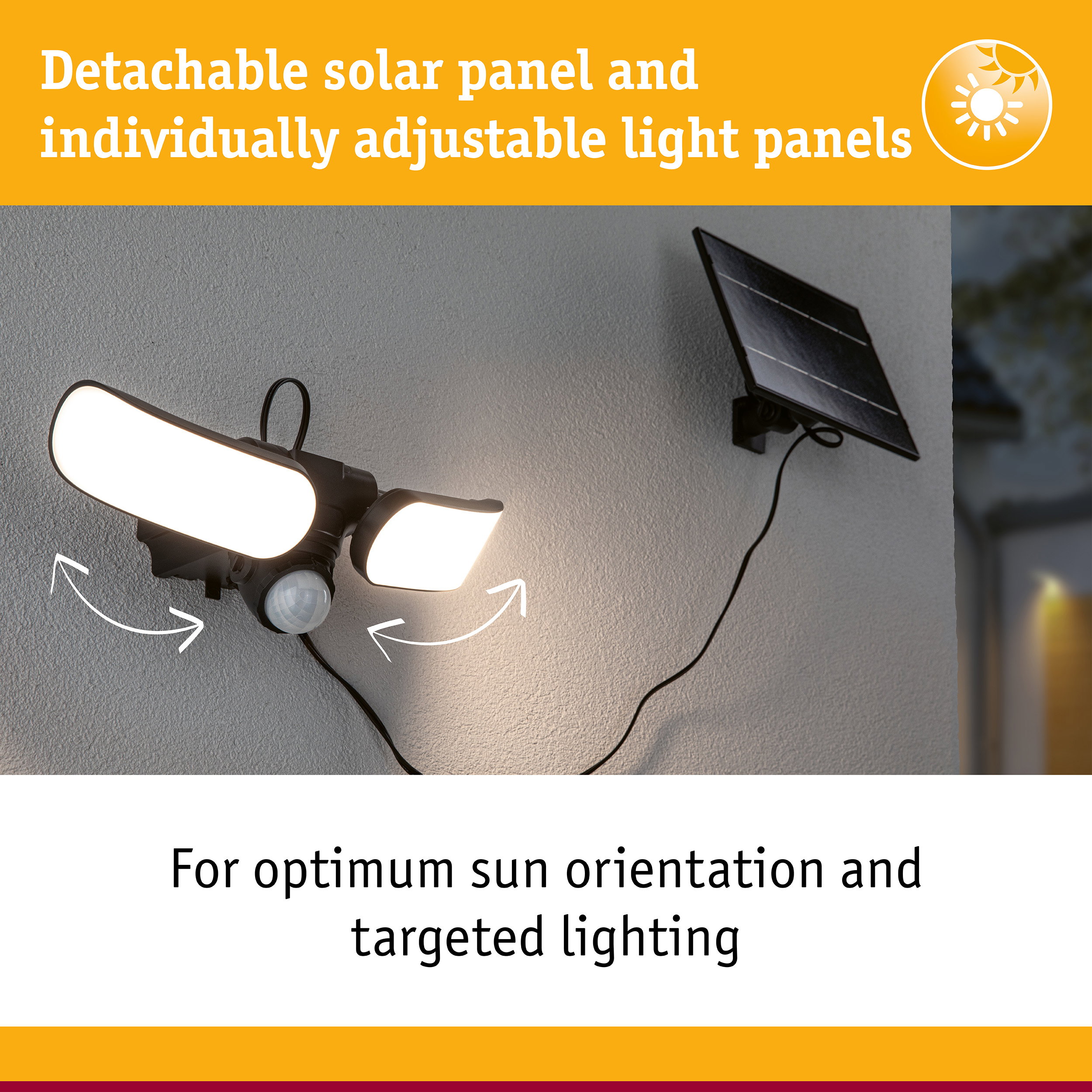 Black solar outdoor light with detachable solar panel and adjustable light panels for garden lighting