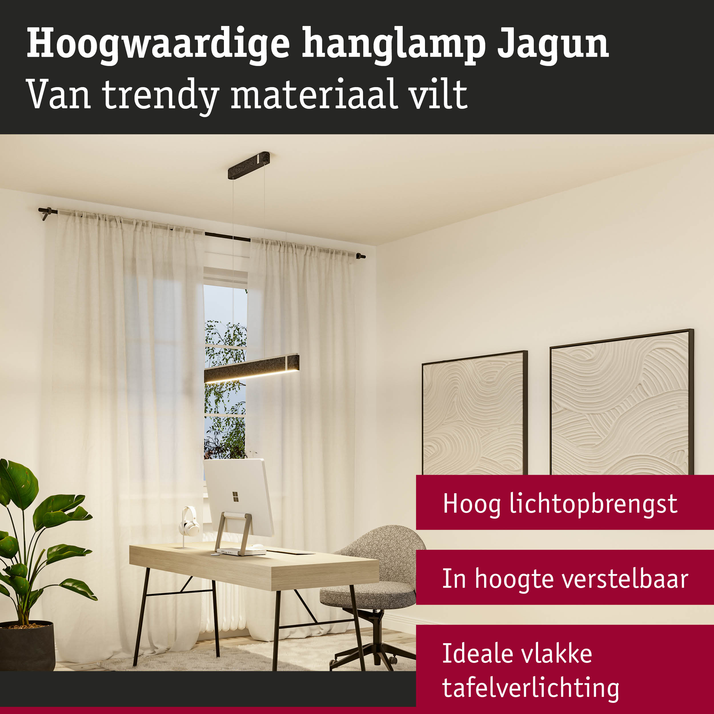 Moderne zwarte hanglamp Jagun van vilt, in hoogte verstelbaar, ideaal voor bureauverlichting