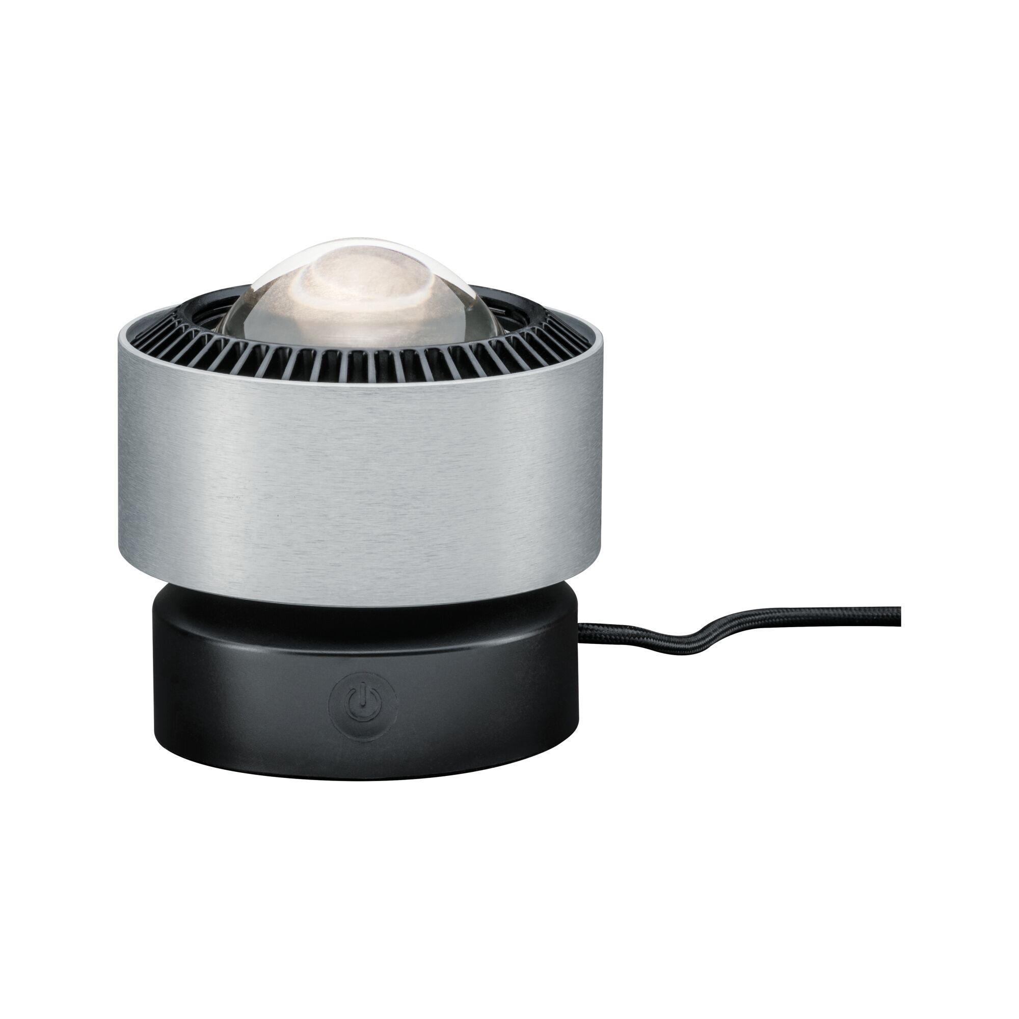 Compacte LED-projector met zilverkleurige aluminium behuizing en zwarte basis voor moderne lichtaccenten
