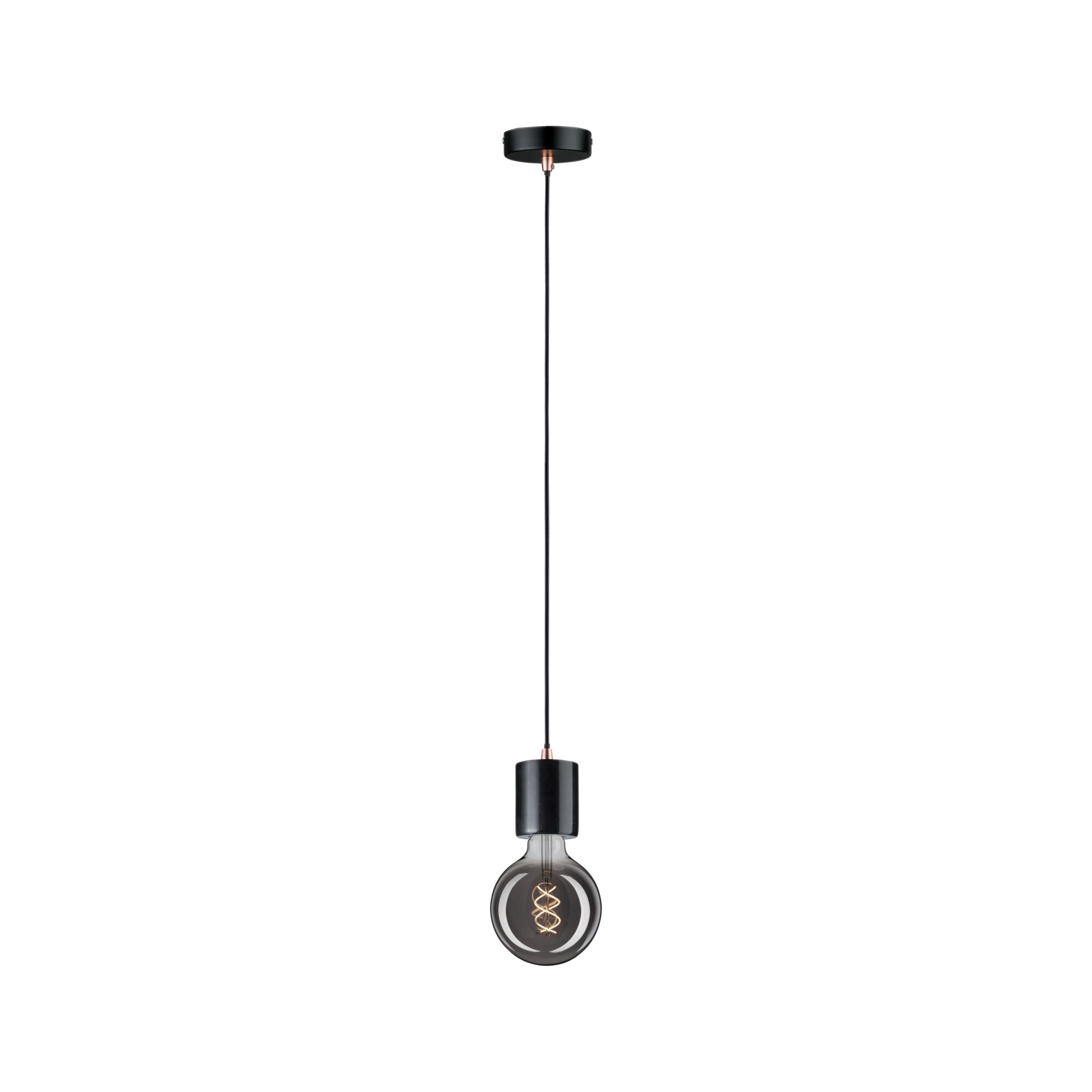Black pendant light with round bulb design and visible spiral filament for modern lighting decor