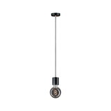 Black pendant light with round bulb design and visible spiral filament for modern lighting decor