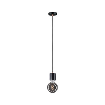 Black pendant light with round bulb design and visible spiral filament for modern lighting decor