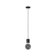 Black pendant light with round bulb design and visible spiral filament for modern lighting decor