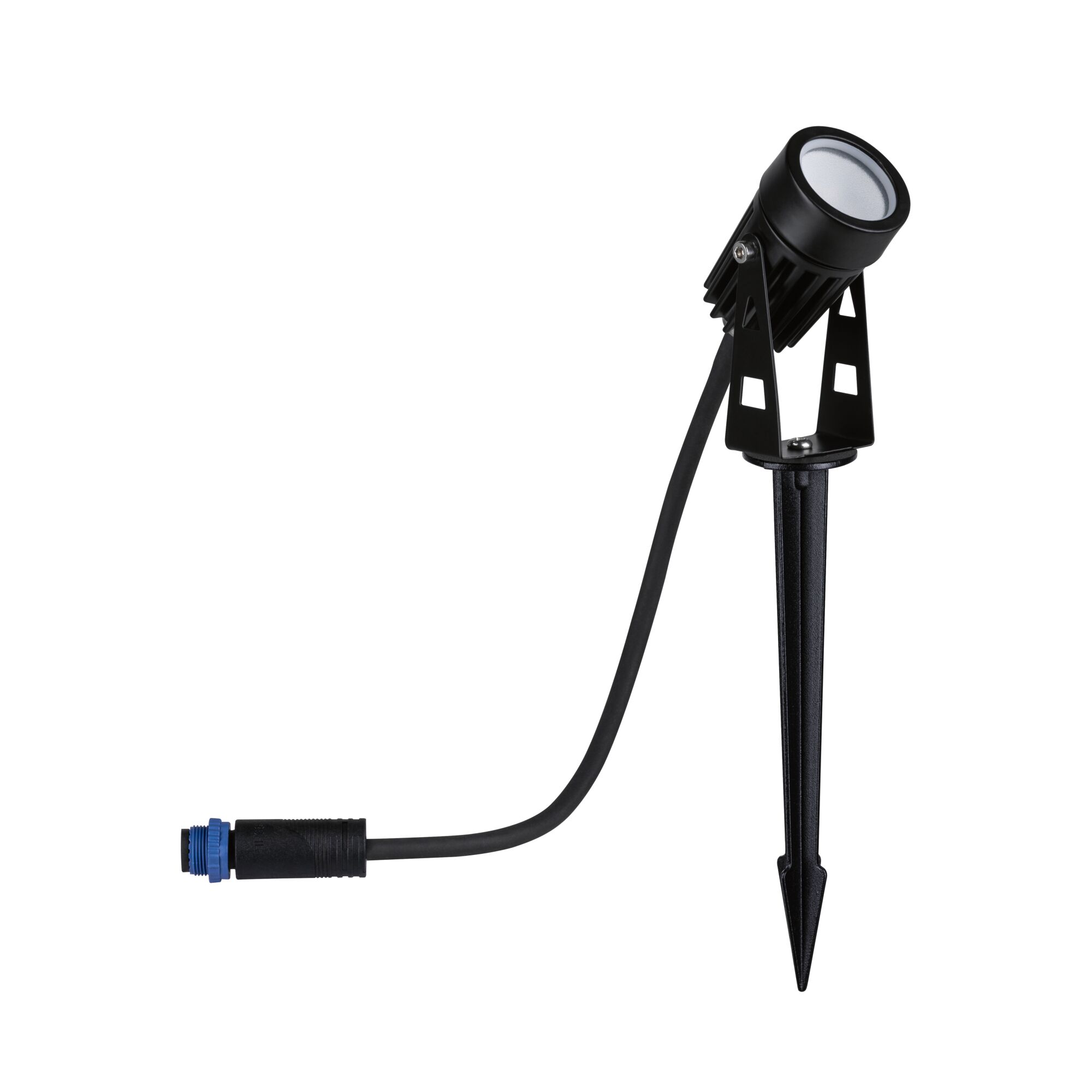 Black LED outdoor spotlight with ground spike and cable connector for garden and exterior lighting