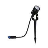 Black LED outdoor spotlight with ground spike and cable connector for garden and exterior lighting
