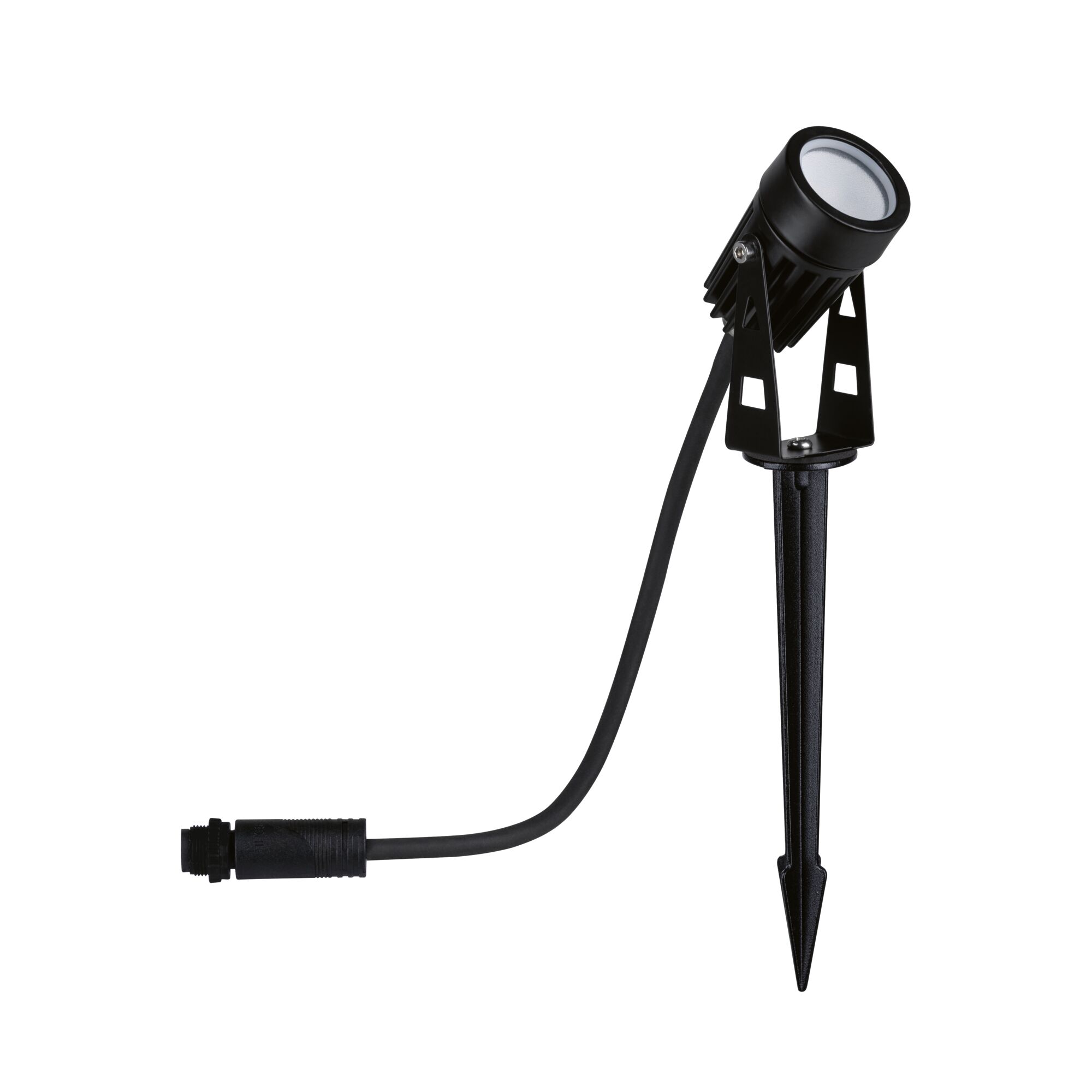 Black metal LED garden spotlight with ground spike and cable for outdoor lighting