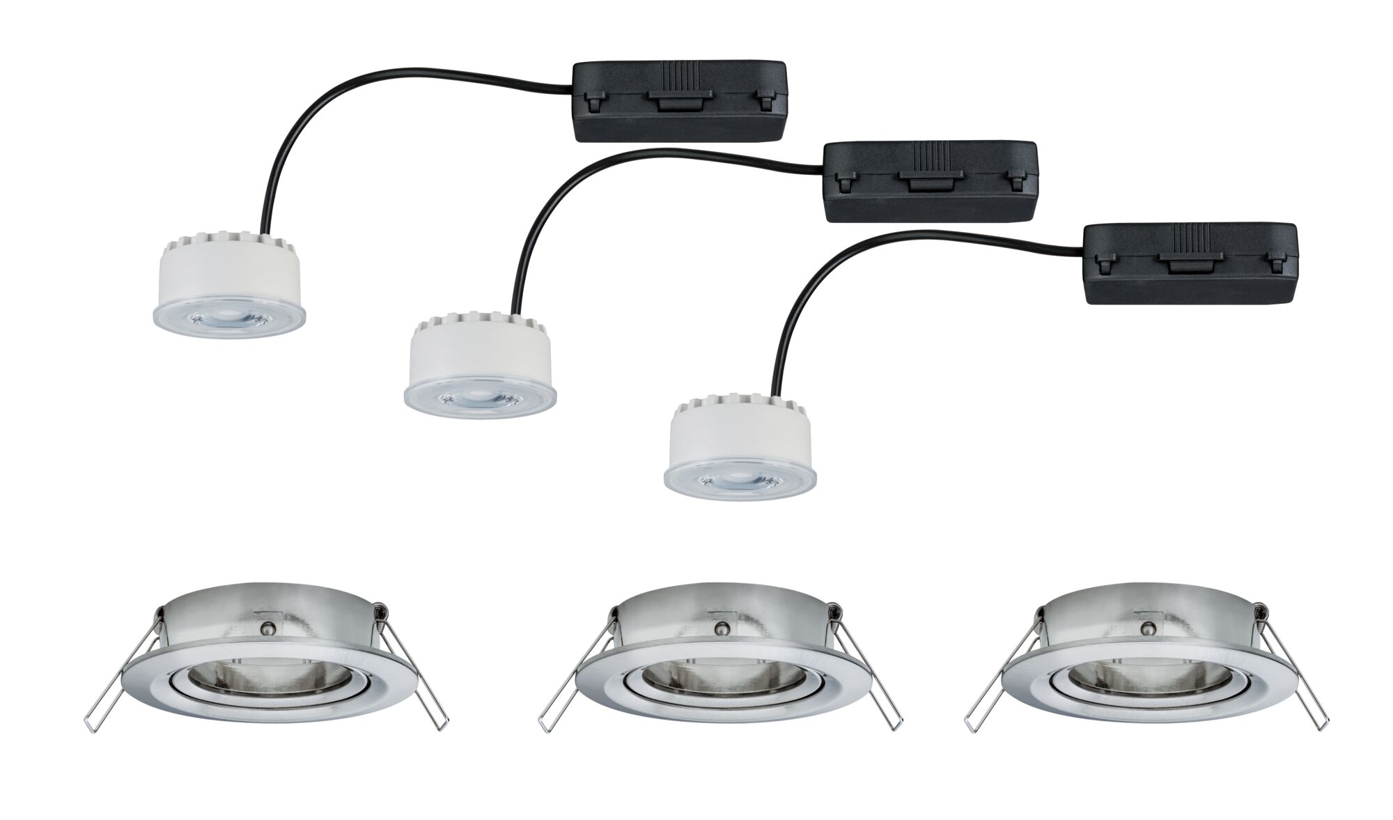 Three round recessed spotlights in brushed stainless steel with white LED modules and black cables.